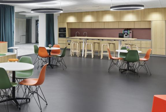 Im Flex Work-Konzept am Standort Schiltach Hansgrohe schafft arc plus offene Begegnungsräume, die Austausch, informelles Arbeiten und soziale Interaktion fördern