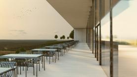 Die auskragende Terrasse des HOMAG Neubaus erweitert den Showroom in die Landschaft und inszeniert die Weitsicht über den Nordschwarzwald als Teil des architektonischen Konzepts – geplant von arcplus