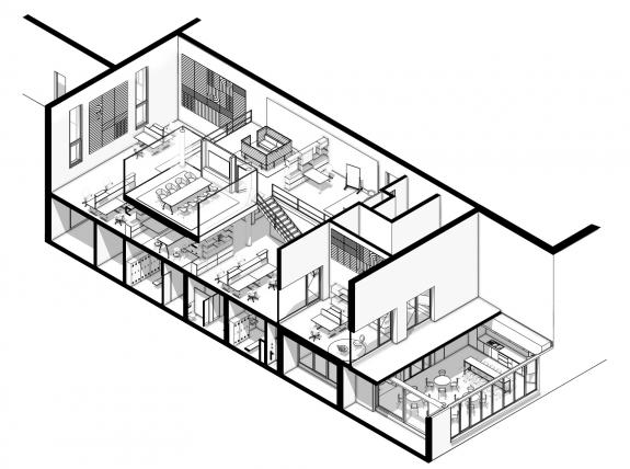 3D-Visualisierung des Büro- und Flächenkonzepts für das Logistik- und Verwaltungsgebäude der SHW Logistik und Vertrieb GmbH, Hersteller von Schmiedeprodukten, Handwerkzeugen sowie Lösungen für Garten-, Forst-, Landwirtschafts- und Kommunaltechnik, in Freudenstadt. Die Planung zeigt offene Arbeitsbereiche, Besprechungsräume und Kommunikationszonen. Bauherr: SHW Logistik und Vertrieb GmbH. Geplant und umgesetzt von arc+ GmbH Freudenstadt.