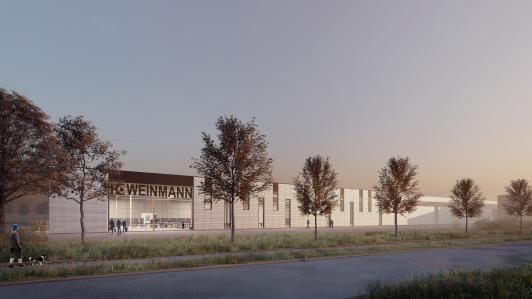 „Visualisierung des Neubaus WEINMANN Bauteil 4 – Holz-Hybridbau mit großzügiger Glasfassade, Test- und Präsentationsbereich sowie nachhaltigem Energiekonzept. Geplant von arc+ Freudenstadt.“